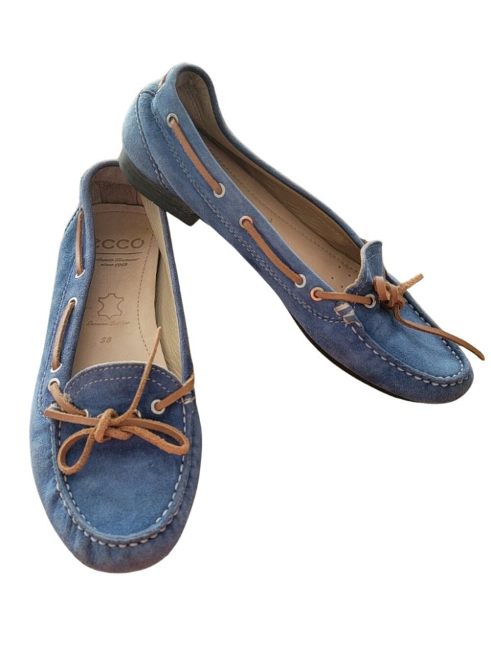 ECCO Blue Suede Slip On Moccasin Shoes w Brown Laces